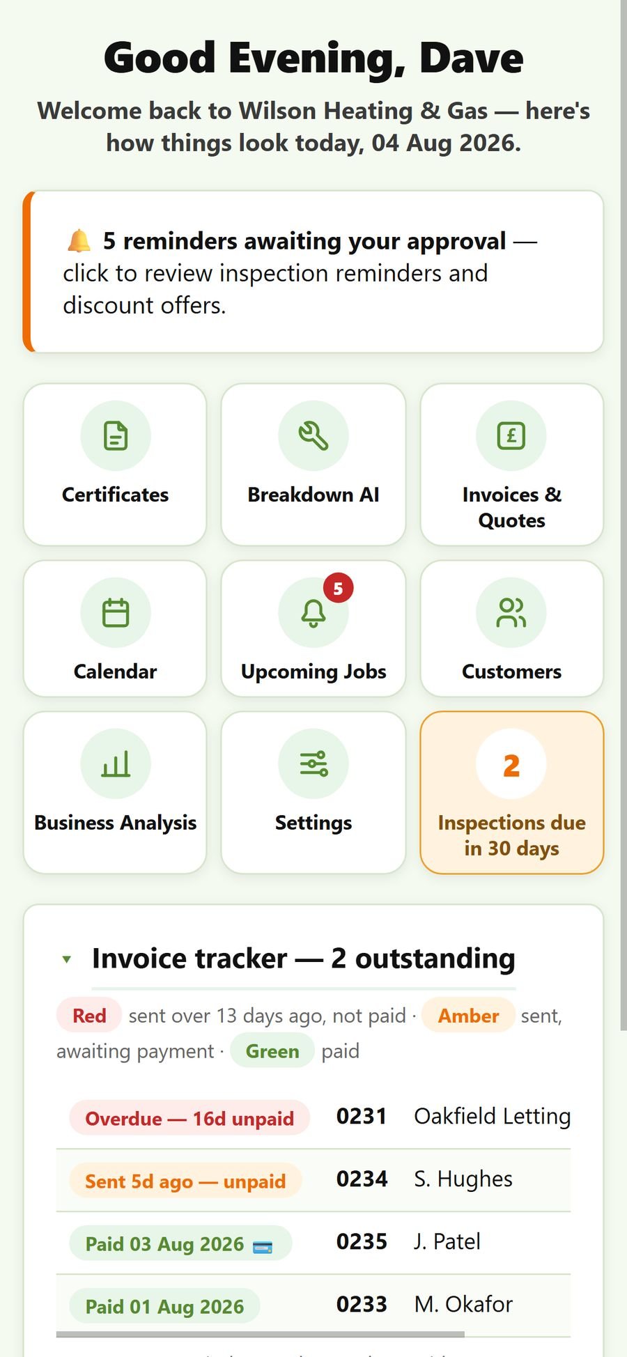 GASpilot dashboard showing job tiles and the invoice tracker